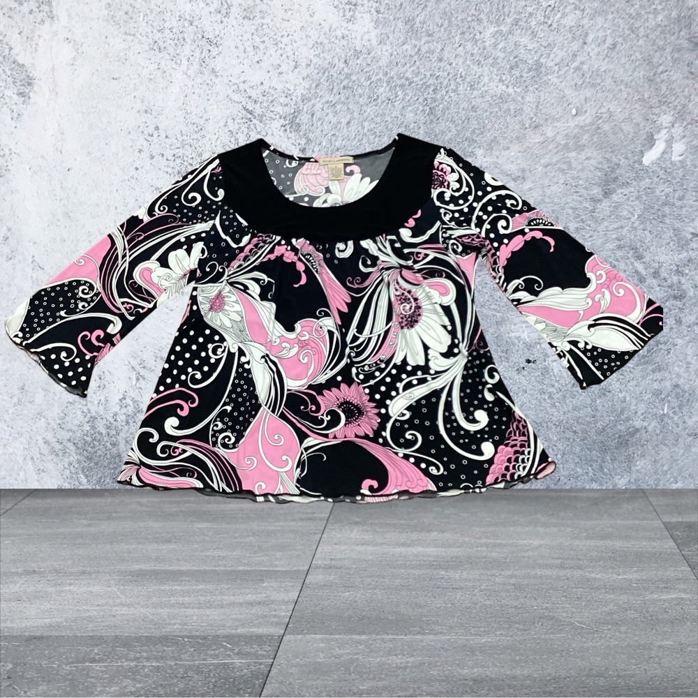 Susan Lawrence Floral Paisley Pink Black 3/4 Sleeve Blouse Top Small